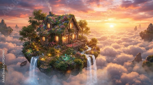 Enchanting cottage nestled on a floating island amidst clouds at sunset
