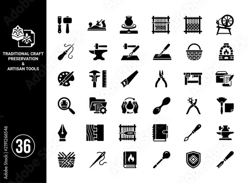 Traditional Craft Preservation and Artisan Tool Icon Collection Representing Handmade Techniques, Cultural Heritage and Skilled Crafts
