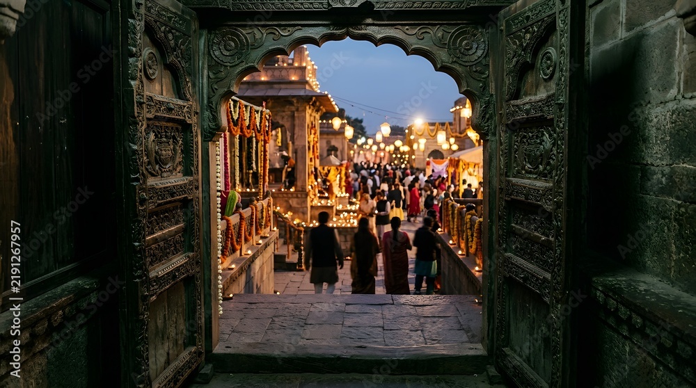 Fototapeta premium View through ornate archway reveals vibrant street scene in rajasthan india