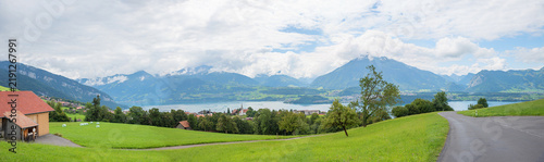 panoramic landscape Sigriswil, above lake Thunersee, with mountain view. swiss destination