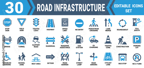 Set of 30 editable road infrastructure and traffic sign icon set for transportation and city navigation design projects Editable Solid Fill Vector Icon Pack
