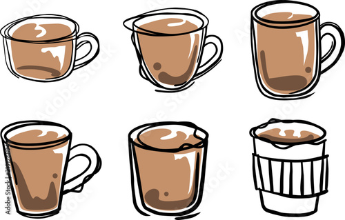 Cozy Hand Drawn Hot Coffee or hot milk tea Elements for Coffee Cafe, Breakfast, and Restaurant.