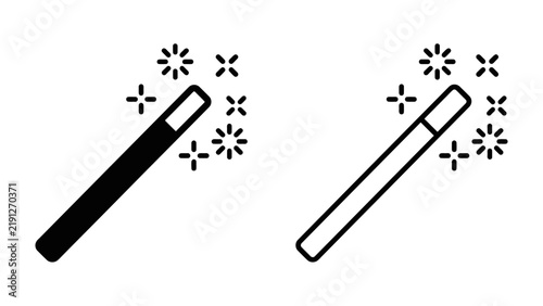 Obraz na plátně Magic Wand Icon Set: A clean and simple graphic representation of a magic wand, one solid black and one outlined, emitting a sprinkle of stars and sparks, symbolizing enchantment and fantasy