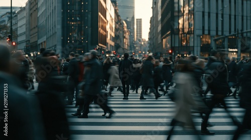 Blurred crowd of people walking across a city crosswalk at sunset