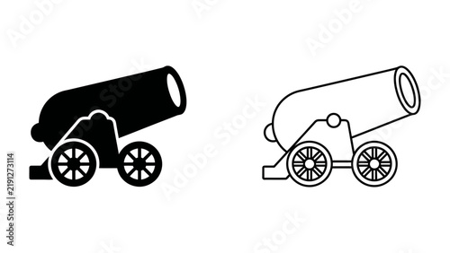 Konstfotografi Cannon Silhouette: A classic cannon, depicted in both solid black and line art, rests on a carriage with two wheels, symbolizing historical warfare and military power
