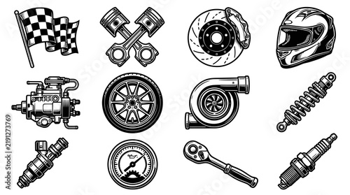Black and White Line Art Automotive Icons: Racing Flag, Pistons, Brakes, Helmet, Turbo