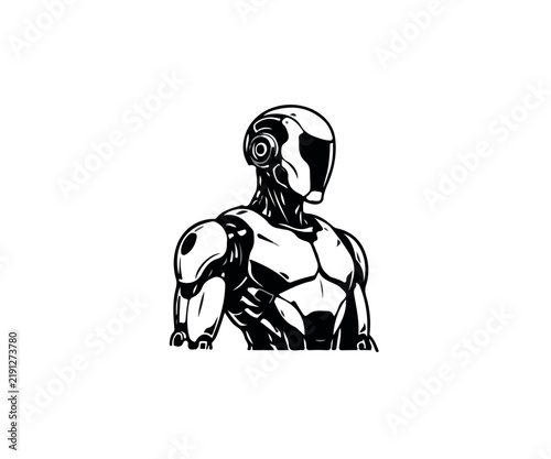 Black and white illustration of a humanoid robot torso on a white background
