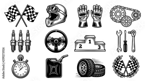 Black and White Vector Icons of Racing Equipment and Symbols