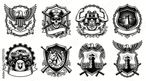 Black and White Crests with Icons: Police, Eagle, Truck, Horse, Lighthouse, Binoculars, Security