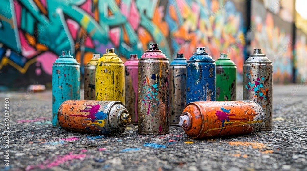 Obraz premium Urban street art supplies with messy paint splatters and vibrant graffiti background.