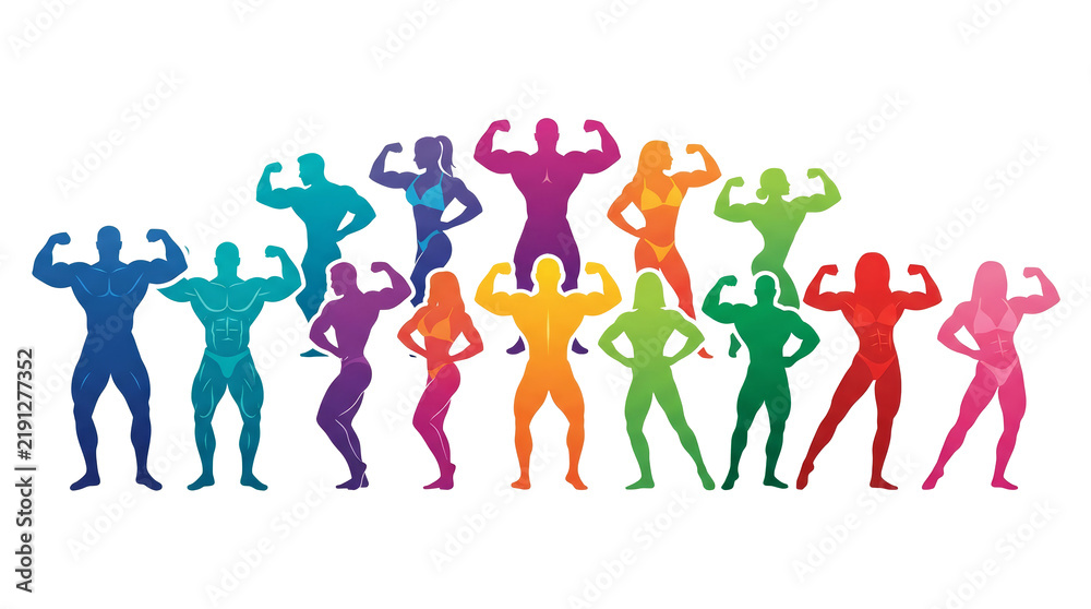 Fototapeta premium Colorful bodybuilder silhouette illustration PNG, bodybuilding pose png, fitness silhouette, Colorful bodybuilder PNG, workout PNG, musclar png, fitness pose png, gym fitness png, weightlifting png.