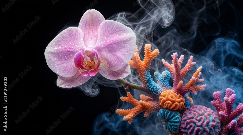 Obraz premium A surreal orchid flower blooming amidst vibrant colorful coral reef textures.