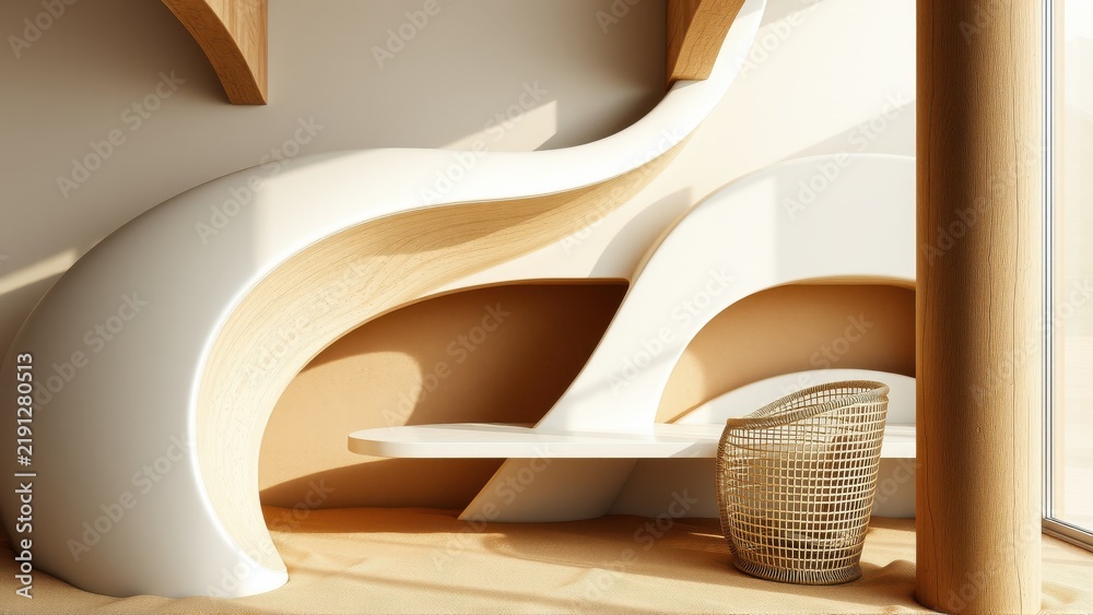 Fototapeta premium Minimalist interior design features curved walls, warm lighting, wooden accents. Shelving unit blends seamlessly into architecture. Cozy, inviting space.