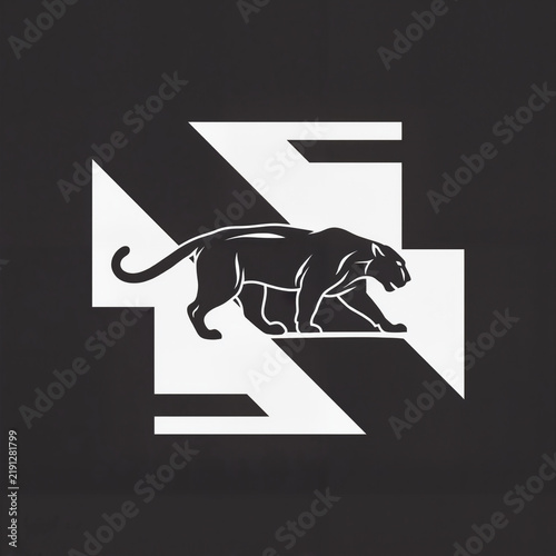 Black panther silhouette walks across white geometric shapes on dark gray background. Minimalist logo design for sports branding or gaming team identity.
