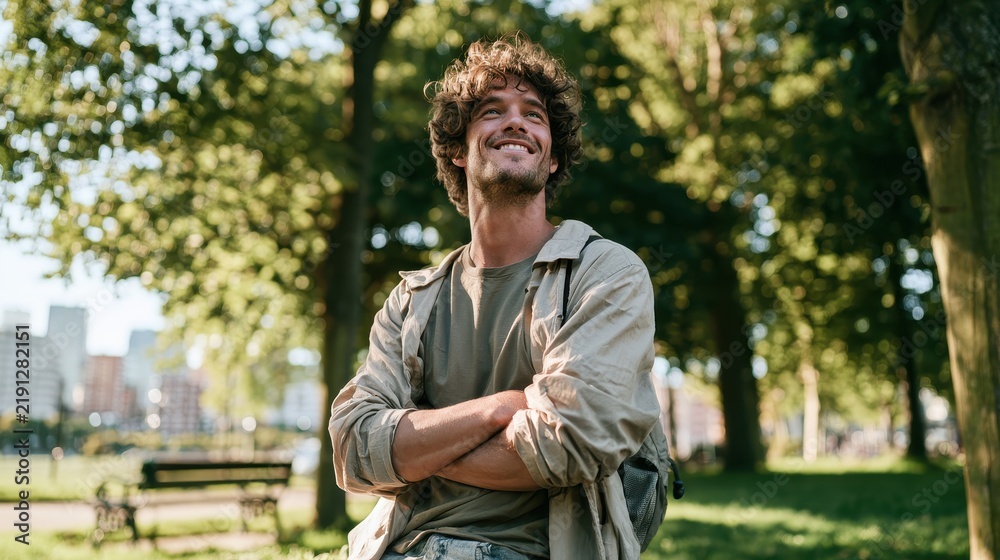 Fototapeta premium Dreamy city park portrait: cheerful young man with curly hair looking up at the sky