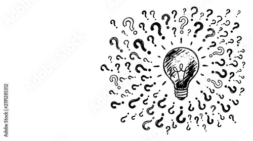 Lightbulb with question marks hand drawn sketch illustration