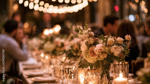 Elegant floral arrangements and intimate table settings for a wedding reception in a restaurant
