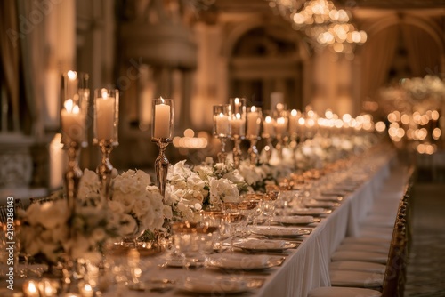 Elegant long banquet table in a grand hall with white florals, candlelight, and gold glassware