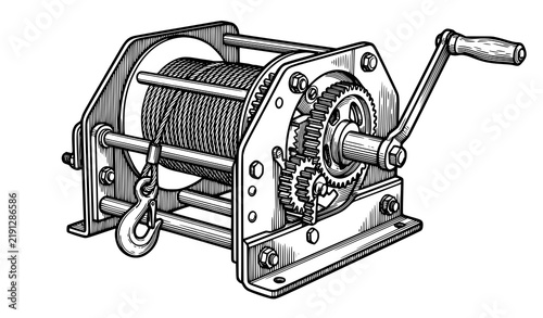 Quadro su tela Hand crank winch with hook cable gear mechanism engraving illustration industria