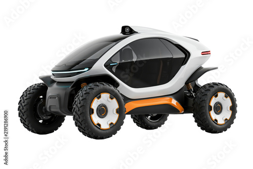 Futuristic white and orange electric concept vehicle with large off-road tires and panoramic glass canopy isolated on a transparent background