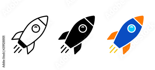 Rocket launch icons in outline solid and colorful styles with business startup