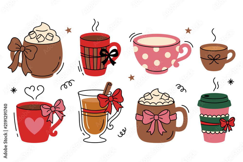 Fototapeta premium Collection of cozy hot winter beverages with bows, cream, and marshmallows