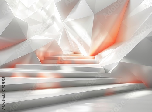 White abstract 3D rendering background with podium and geometric shapes