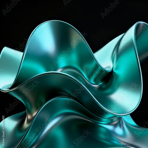 Glossy Teal Metallic Abstract Flowing Curves Against Dark Background
