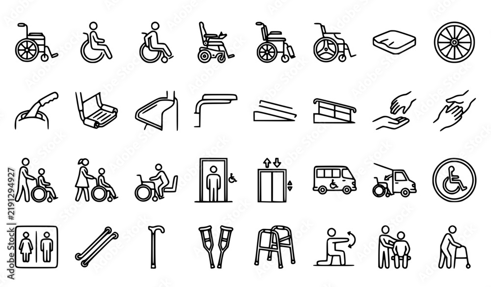 Fototapeta premium Disability and accessibility icons, wheelchair and handicap symbols vector set