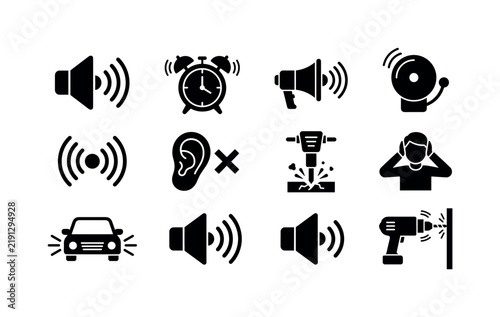 Noise Disturbance Symbols, solid glyph icon set featuring speaker, loudspeaker, ringing bell, sound waves, crossed ear symbol, alarm clock, construction drill, horn and volume controls, covering