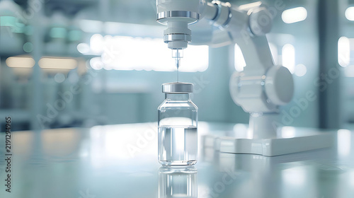 Robotic dispenser with needle injecting liquid medicine vial in modern pharma lab