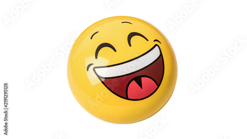 Round yellow laughing emoji face sphere with teeth isolated on transparent background.