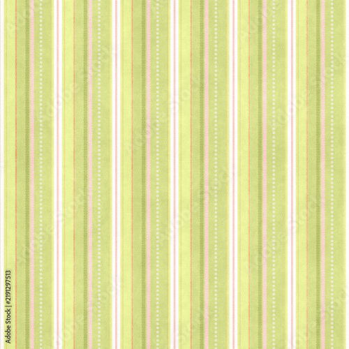 Delicate light green, cream and blush pink vertical stripe pattern with tiny white floral motifs, ideal for nursery decor, fabric, wallpaper, stationery and spring designs.