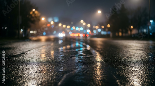 Rainy city street with lights at night
