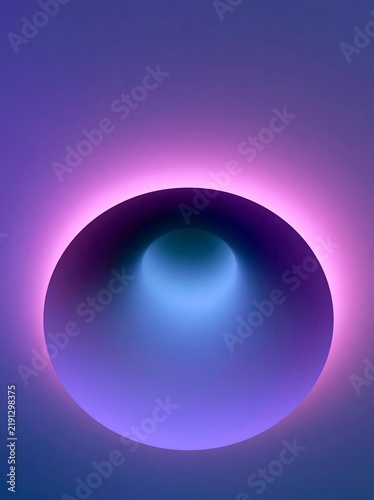 Abstract digital art piece with a circular shape in the center. the background is a gradient of purple and blue, with the purple on the top and the blue on the bottom.