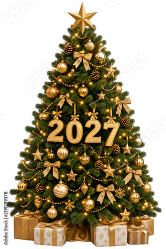 Luxury Christmas tree decorated with golden ornaments, lights and stars, large 2027 