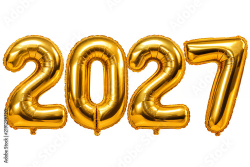 Shiny golden foil balloon numbers 2027, realistic reflections, isolated transparent background