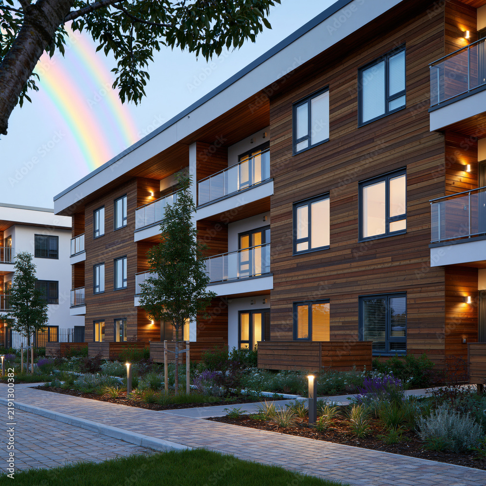 Fototapeta premium Twin spiral rainbows over a contemporary eco-friendly residential community surrounded by greenery, clean architectural composition, natural lighting,, offering a unique and highly detailed
