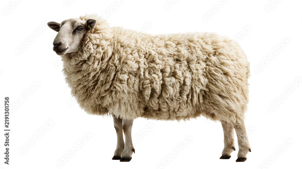 Fototapeta premium Fluffy white woolly sheep standing in profile