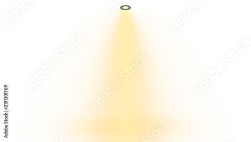 A single recessed ceiling light fixture shining a bright golden yellow beam of light downward transparent background