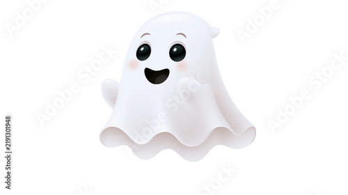 Cute smiling white ghost character with large black eyes and rosy cheeks