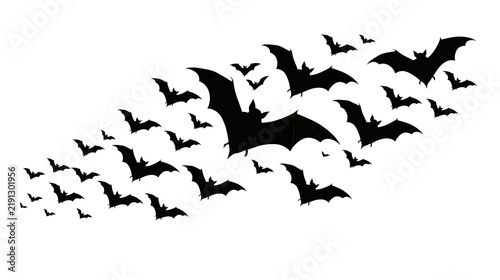 Swarm of black flying bats in various sizes and wing positions