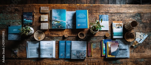 Travel brochures and magazines spread across rustic wooden table showcase beautiful destinations and experiences. Natural light highlights vibrant colors and textures of printed materials