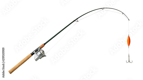 Fishing rod with cork handle spinning reel orange float and metal treble hook