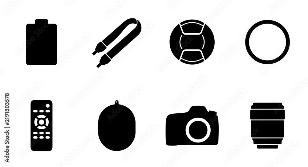 Fototapeta premium Photography Gear Icons Set: Camera, Lens, Battery, Remote, Strap, Lens Cap, Filter - Vector Graphics for Digital Media and Design
