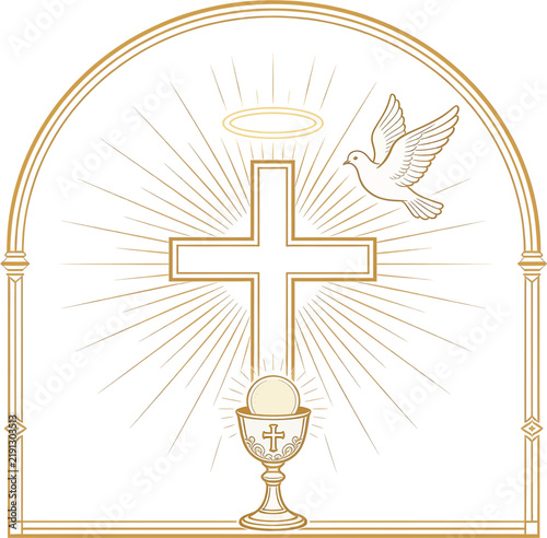 Golden Christian Cross with Holy Dove Chalice and Radiant Light Rays Under Arch — First Communion Religious Ceremony Vector Illustration