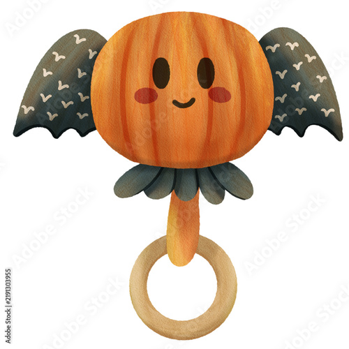 Cute Halloween Pumpkin Bat Rattle Watercolor Clipart