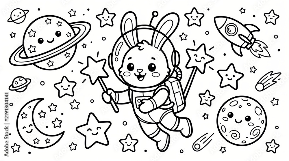 Fototapeta premium Cute Bunny Astronaut Space Coloring Page for Kids, Cartoon Rocket, Smiling Planets, Stars and Magic Wand, Simple Black and White Line Art