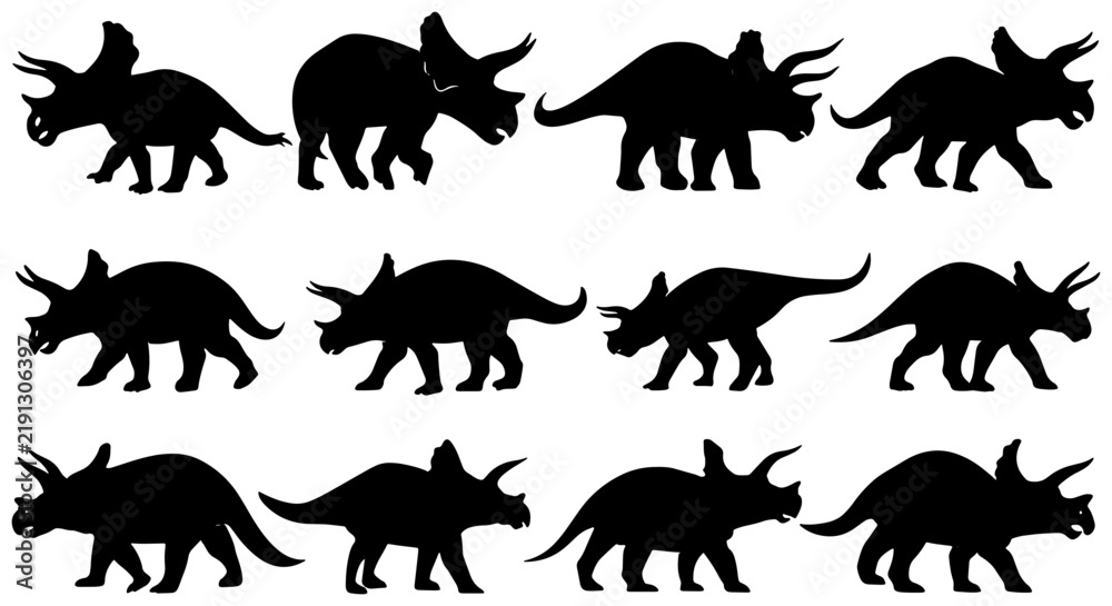 Obraz premium Dinosaur Silhouettes Collection, Prehistoric Creature Vector Pack, Triassic Era Reptile Icons, Ancient Animal Graphics for Kids and Education