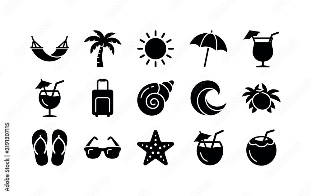 Obraz premium Beach Hammock Relaxation, solid glyph icon set featuring hammock, palm tree, sun, beach umbrella, tropical drink, suitcase, seashell, wave, covering hammock, beach relaxation, summer vacation,